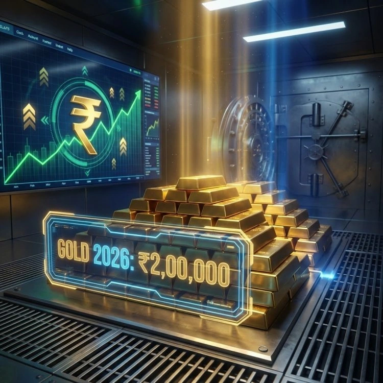 Educational representation of gold bars with a holographic display for economics students studying 2026 market predictions.