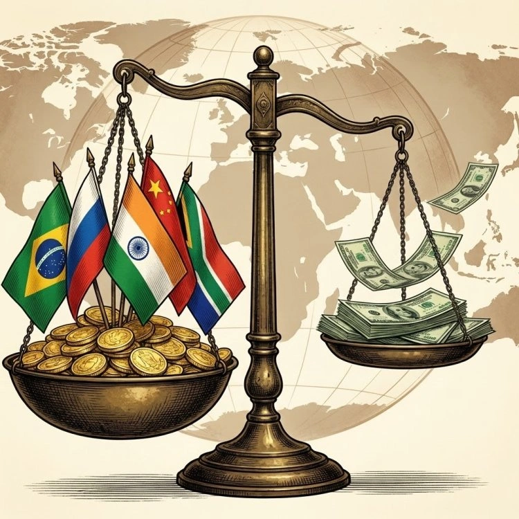 Weighing scale illustration showing BRICS nations and Gold outweighing the US Dollar, useful for international trade students.