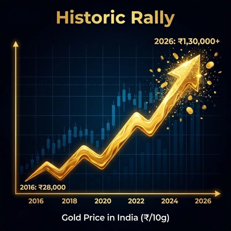 Economics chart showing the historic rise of Gold rates in India for commerce students' reference.