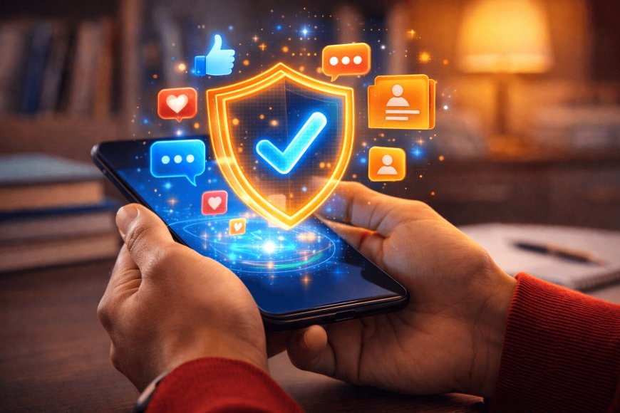 Concept of smartphone data privacy and digital security shield, protecting personal social media data of students online.