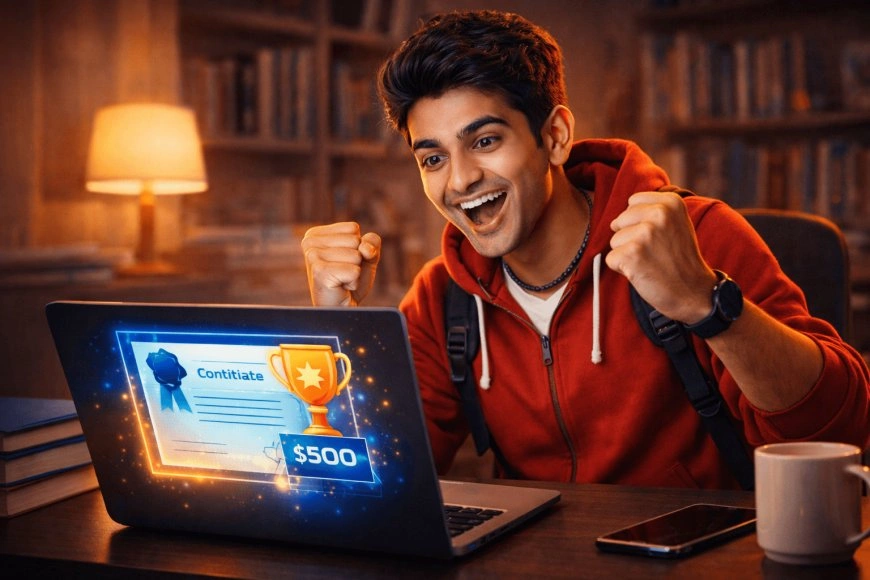 Excited Indian student celebrating after winning cash prize and e-certificate in the MyGov online quiz competition.